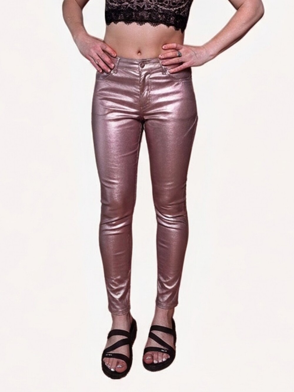 NWT Suko Jeans Powerstretch Metallic Rose Gold Skinny Leg Jeans Size 4